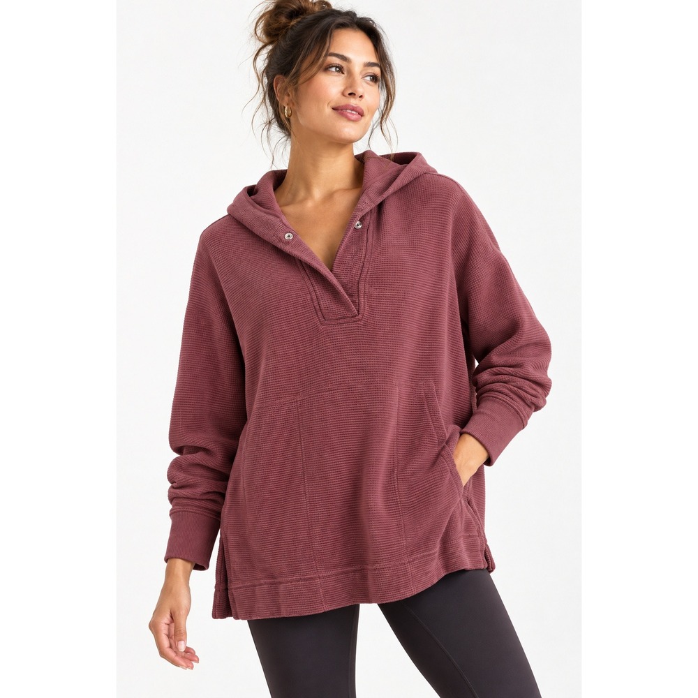 Athleta Waffle Knit Pullover Hoodie Mauve Snap Henley XXS Activewear